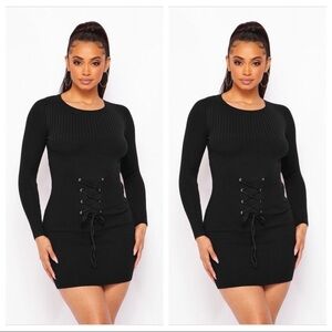 NEW TRENDY BLACK RIBBED LONG SLEEVE KNIT FRONT LACE UP WAIST BELT MINI DRESS
